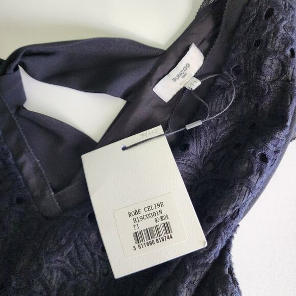 SUNCOO Paris Womens Robe Celine Dress Size US Small Black Embroidered Lace NEW - Picture 8 of 11